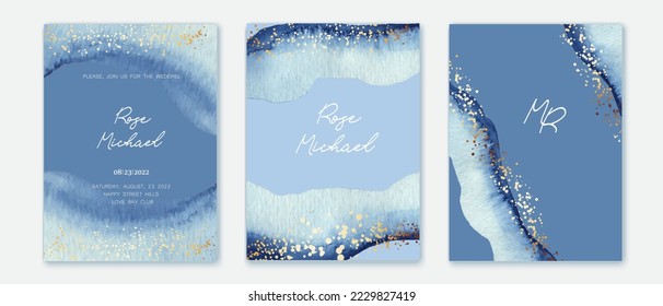 Set of verical backgrounds with blue watercolor texture. Water, ink texture imitation. Golden splatters. Festive design for card, invitation, brochure, voucher.