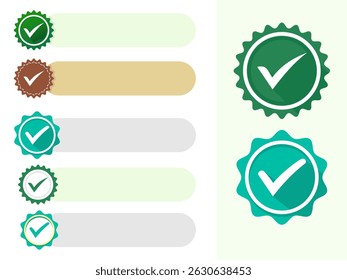 Conjunto de iconos de verificación y Aprobación con barras de texto para infografías, listas de comprobación o flujos de procesos. Incluye cuatro barras Horizontales con marcas de verificación en tonos verdes 