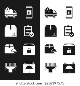 Set Verification of delivery list, Cardboard box with traffic, Delivery tracking, Mobile app, package umbrella, Locked,  and Scanner scanning bar code icon. Vector