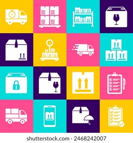 Set Verification of delivery list, Cardboard box with traffic, Warehouse, Scale cardboard, Delivery truck and stopwatch and in movement icon. Vector
