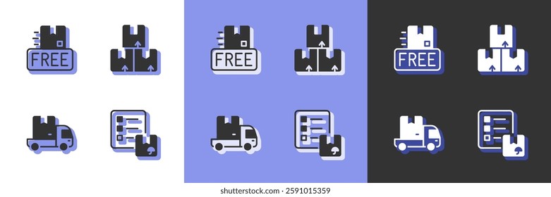 Set Verification of delivery list, Cardboard box with free symbol, Delivery cargo truck and Carton cardboard icon. Vector
