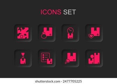 Set Verificación de lista de entrega, caja de cartón de cartón, roto, paquete de Búsqueda, seguridad de entrega con escudo, reloj de cartón e ícono de grúa. Vector