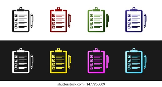 Set Verification of delivery list clipboard and pen icon isolated on black and white background.  Vector Illustration