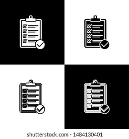 Set Verification of delivery list clipboard and pen icon isolated on black and white background.  Vector Illustration