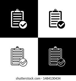 Set Verification of delivery list clipboard and pen icon isolated on black and white background.  Vector Illustration