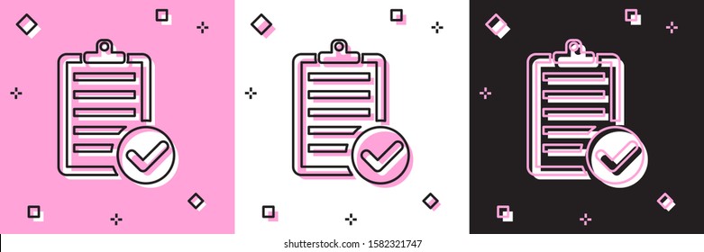 Set Verification of delivery list clipboard and pen icon isolated on pink and white, black background.  Vector Illustration