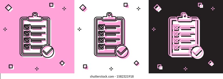 Set Verification of delivery list clipboard and pen icon isolated on pink and white, black background.  Vector Illustration