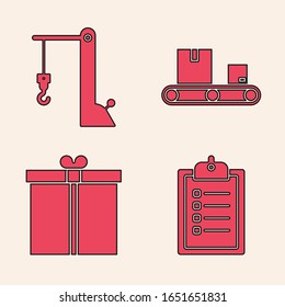 Set Verification of delivery list clipboard , Harbor port crane, Conveyor belt with cardboard box  and Gift box  icon. Vector