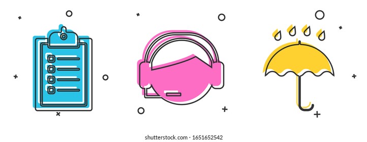 Set Verification of delivery list clipboard , Support operator in touch and Umbrella and rain drops  icon. Vector