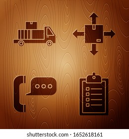 Set Verification of delivery list clipboard , Delivery truck with cardboard boxes, Telephone with speech bubble chat  and Cardboard box with traffic symbol on wooden background. Vector