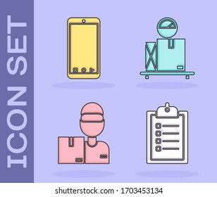 Set Verification of delivery list clipboard , Mobile phone with app delivery tracking, Delivery man with cardboard boxes  and Scale with cardboard box  icon. Vector