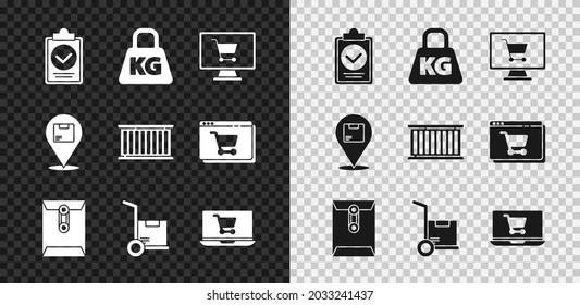 Establecer Verificación del portapapeles de la lista de entrega, peso, equipo de la carreta de compras, sobre, camión de mano y cajas, portátil, ubicación con cartón e icono del contenedor. Vector