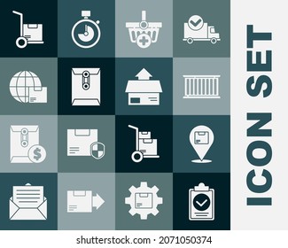 Set Verification of delivery list clipboard, Location with cardboard box, Container, Add to Shopping basket, Envelope, Worldwide shipping and, Hand truck boxes and Carton icon. Vector