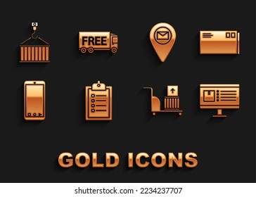 Set Verification of delivery list clipboard, Computer monitor with app tracking, Electric hand truck and boxes, Mobile phone, Placeholder map paper, Container crane and Free service icon. Vector
