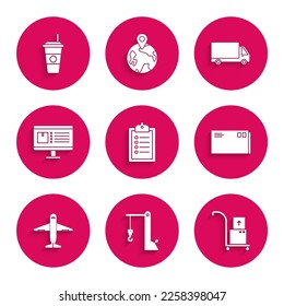 Set Verification of delivery list clipboard, Harbor port crane, Hand truck and boxes, Envelope, Plane, Computer monitor with app tracking, Delivery cargo vehicle and Coffee cup icon. Vector