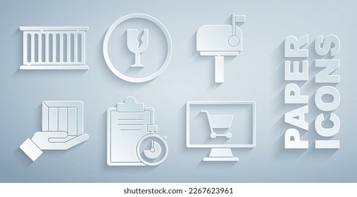 Establecer verificación del portapapeles de la lista de entrega, buzón de correo, Entrega mano con cajas, Cajero de compras, Frágil vidrio roto e icono de contenedor. Vector