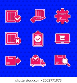 Set Verification of delivery list clipboard, Delivery truck with check mark, Search package, Shopping cart laptop, Carton cardboard box, Wooden and delete, Gear wheel and  icon. Vector