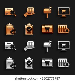 Set Verification of delivery list clipboard, Shopping cart computer, Wooden box and delete, Online shopping screen, Mail, Search package and Delivery hand with boxes icon. Vector
