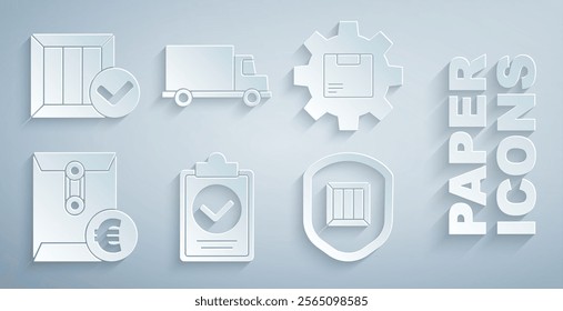 Set Verification of delivery list clipboard, Gear wheel with package box, Envelope euro symbol, Delivery security shield, cargo truck vehicle and Wooden check mark icon. Vector