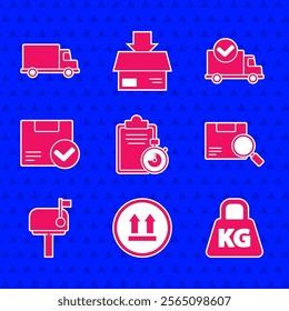 Set Verification of delivery list clipboard, This side up, Weight, Search package, Mail box, Package with check mark, Delivery truck and cargo vehicle icon. Vector