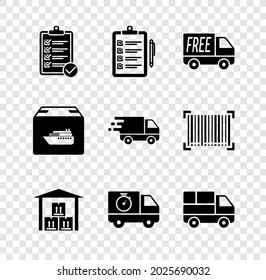 Set Verification of delivery list, Free service, Warehouse, Delivery truck and stopwatch, with boxes, Cargo ship and in movement icon. Vector