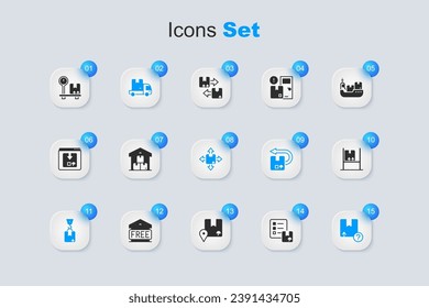 Set Verification of delivery list, Full warehouse, Delivery cargo truck, Crane with cardboard box, Carton, Warehouse interior boxes, Scale and  icon. Vector