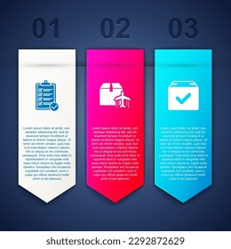 Set Verification of delivery list, Plane and cardboard box and Package with check mark. Business infographic template. Vector