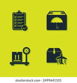 Set Verification of delivery list, Plane and cardboard box, Scale with and Delivery package umbrella icon. Vector