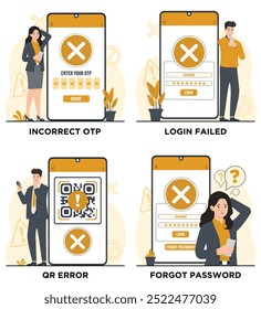 Conjunto de verificação falhou ilustrações conceitos Esqueceu a senha Login falhou Erro incorreto do código QR superior