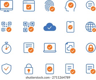 Set of verification icons for digital security, data privacy, and online processes on white background