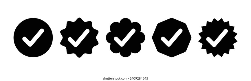 Set of verified badge. black tick vector. Set of right symbol in zig zag style with black and white color and shadows, Social media official account tick symbol, Vector icon