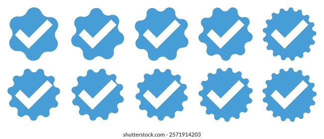 Set of verified badge. Blue check mark icon. Set of right symbol in zigzag style. Instagram verified badge. Social media account verification icons. Profile verified badge. Vector 10 eps