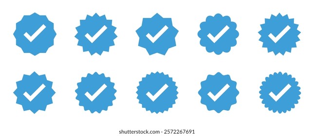 Set of verified badge. Blue check mark icon. Set of right symbols in zig zag style. Instagram verified badge. Social media account verification icons.