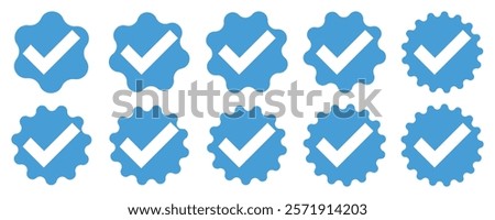 Set of verified badge. Blue check mark icon. Set of right symbol in zigzag style. Instagram verified badge. Social media account verification icons. Profile verified badge. Vector 10 eps