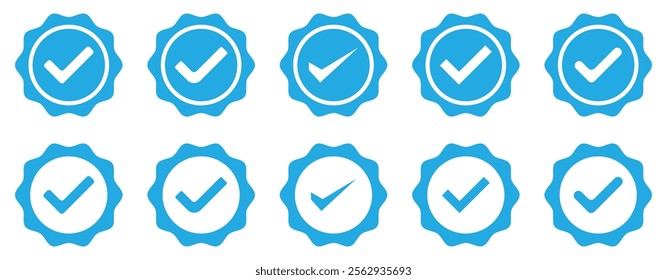 Set of verified badge. Blue Verified badge icon set. Collection of different style star shaped social media icons. Verified badges. Social media and Profile Verified badge icon.