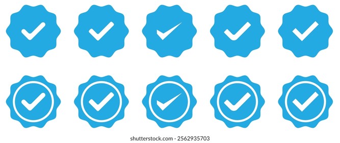 Set of verified badge. Blue Verified badge icon set. Collection of different style star shaped social media icons. Social media and Profile Verified badge icon. Verified badges