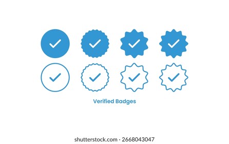 Conjunto de ícones do vetor da marca de seleção de selo verificada em azul. Perfeito para verificação de mídias sociais, autenticação de perfil, certificação, aprovação, confiança, segurança on-line e design de identidade digital