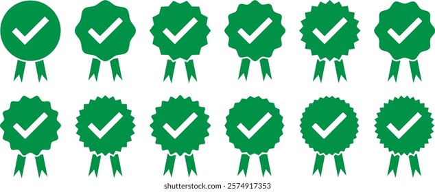 Set of verified badge. Checkmark sign. Verified badge icon. Green approval done element collection. Guaranteed signs. Instagram verified badge. Social media account verification icons