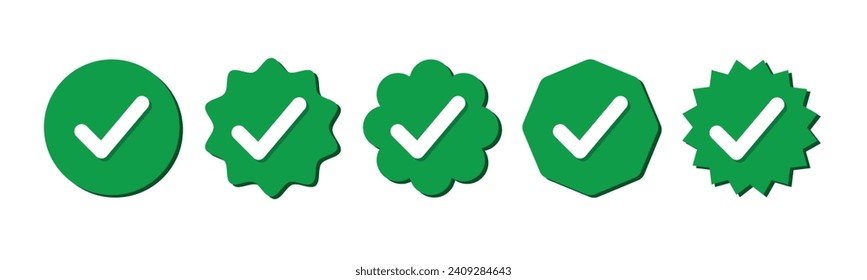 Conjunto de insignias verificadas. vector de marca verde. Conjunto de símbolos de la derecha en el estilo zig zag con color verde y blanco y sombras, símbolo de marca de cuenta oficial de medios sociales, icono vector