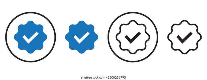 Set of verified badge icon. Check mark symbols, guaranteed signs isolated element collection. Social media account verification icons.