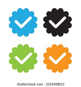  Set of verified badges for social media, different colors: blue, black, green, orange. Vector icon collection.