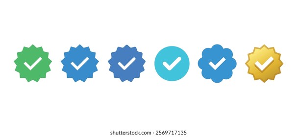 Set of Verified badges. Whatsapp, Facebook, Instagram, TikTok and Twitter. Profile verification icons. Isolated on white background