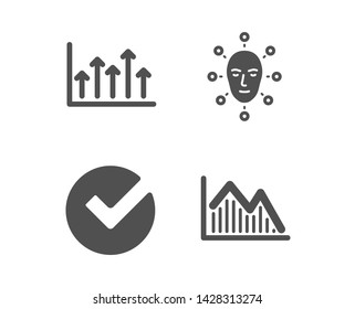 Set of Verify, Face biometrics and Growth chart icons. Investment graph sign. Selected choice, Facial recognition, Upper arrows. Investment infochart.  Classic design verify icon. Flat design. Vector