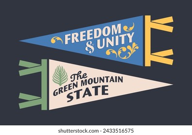 Set of Vermont pennants. Vintage retro graphic flag, pennant, star, sign, symbols of USA. The Green Mountain State.