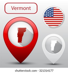 Set of Vermont state with flag america and map pointer