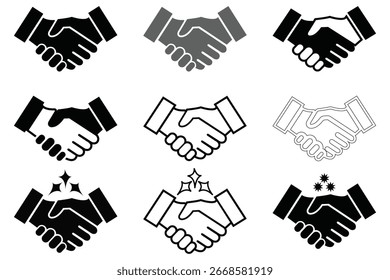 Conjunto de ícones de handshake versáteis que ilustram parceria, acordo, colaboração corporativa