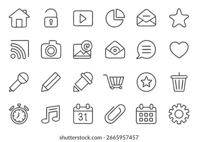 Conjunto de iconos de línea versátiles, comúnmente utilizados para aplicaciones de Web y móviles