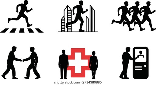 Un conjunto de pictogramas versátiles que muestran diversas actividades humanas: fitness, negocios, servicios médicos y transacciones automatizadas con un toque de rojo.
