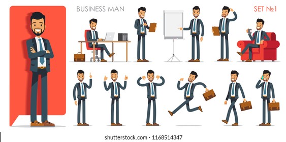 Set version №1 of businessman character with different poses and actions. Vector illustration flat design isolated on white background