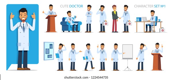 Set version №1 of doctor character in different poses and situations. Flat style vector illustration isolated on white background.